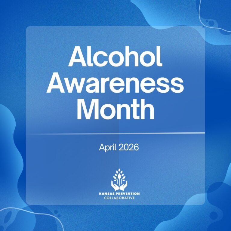 The image announces "Alcohol Awareness Month, April 2026" in bold white text on a blue abstract background. Below, it features the Kansas Prevention Collaborative logo.